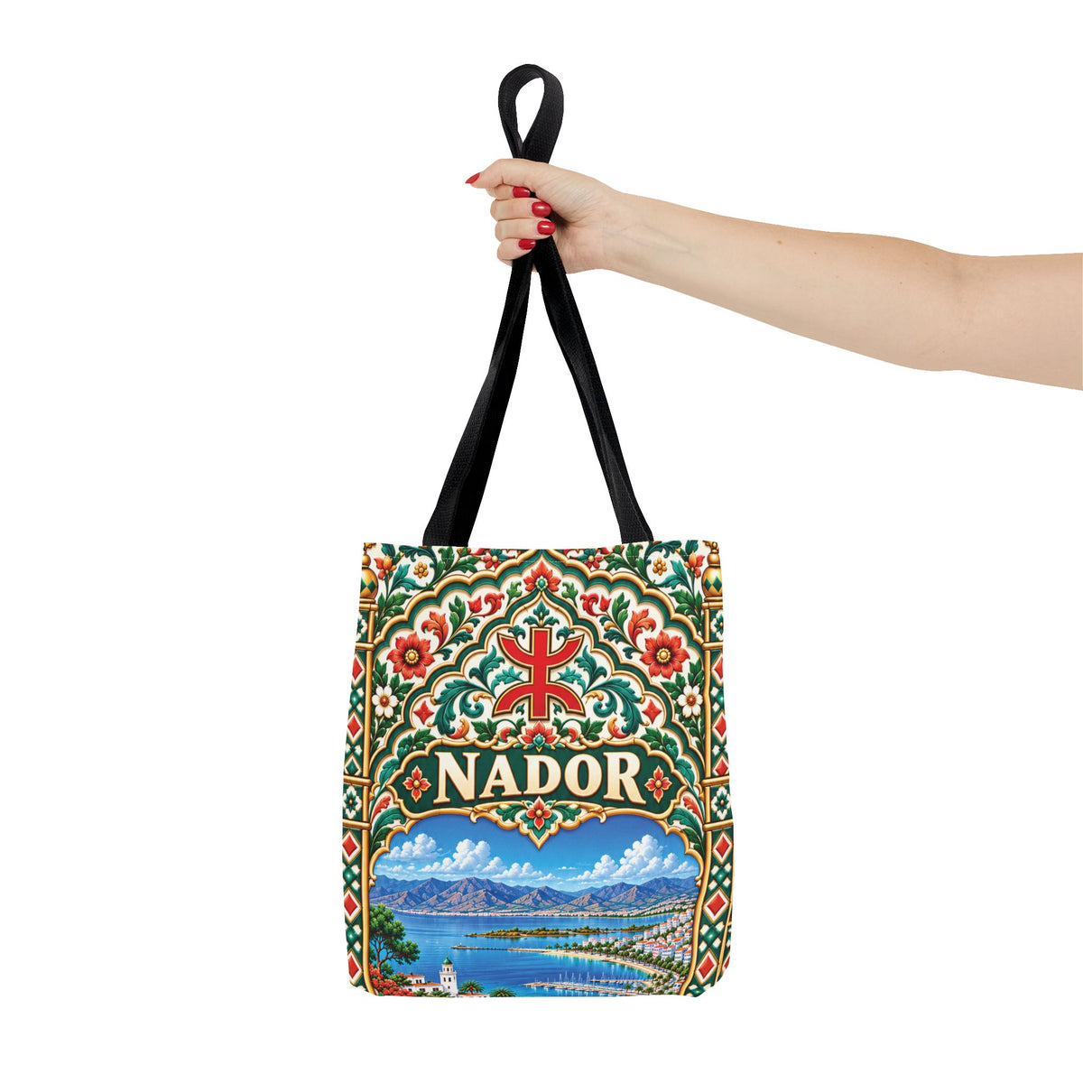 Nador Moroccan Tile Print Tote Bag — Vibrant Mediterranean Beachscape Design