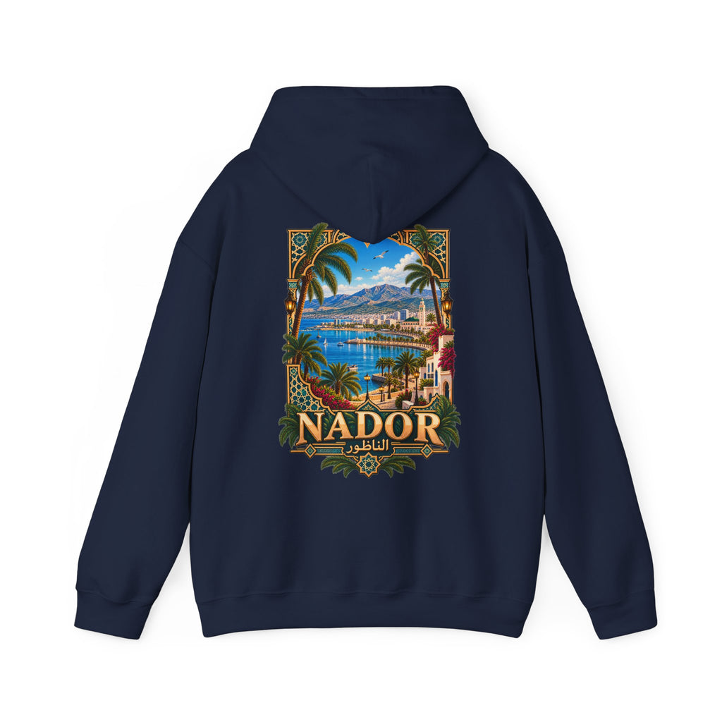 Nador Vintage Travel Hoodie — Scenic Moroccan Beach Poster Sweatshirt
