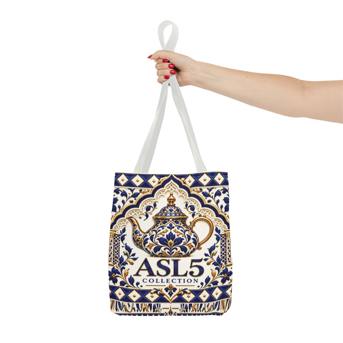 Moroccan Blue Teapot Pattern Tote Bag — Ceramic Tile Inspired Aesthetic Tote