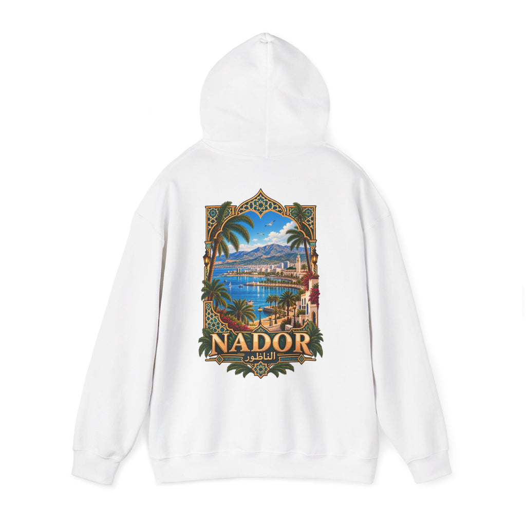 Nador Vintage Travel Hoodie — Scenic Moroccan Beach Poster Sweatshirt