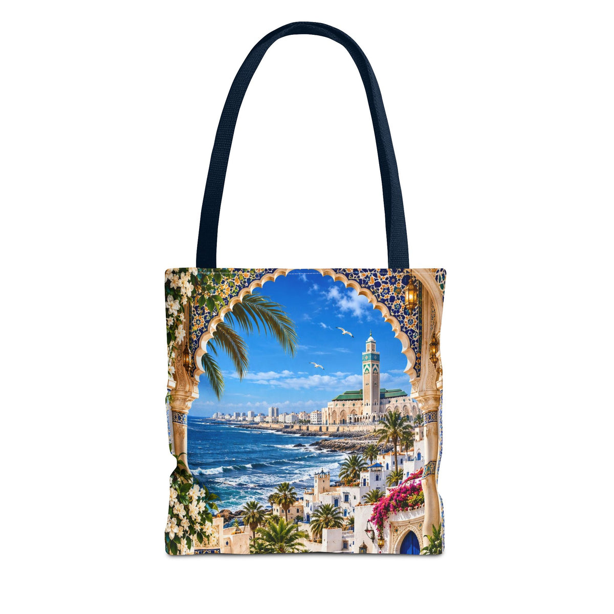 Mediterranean Mosaic Tote Bag — Seaside Moroccan Arch Scenic All-Over Print