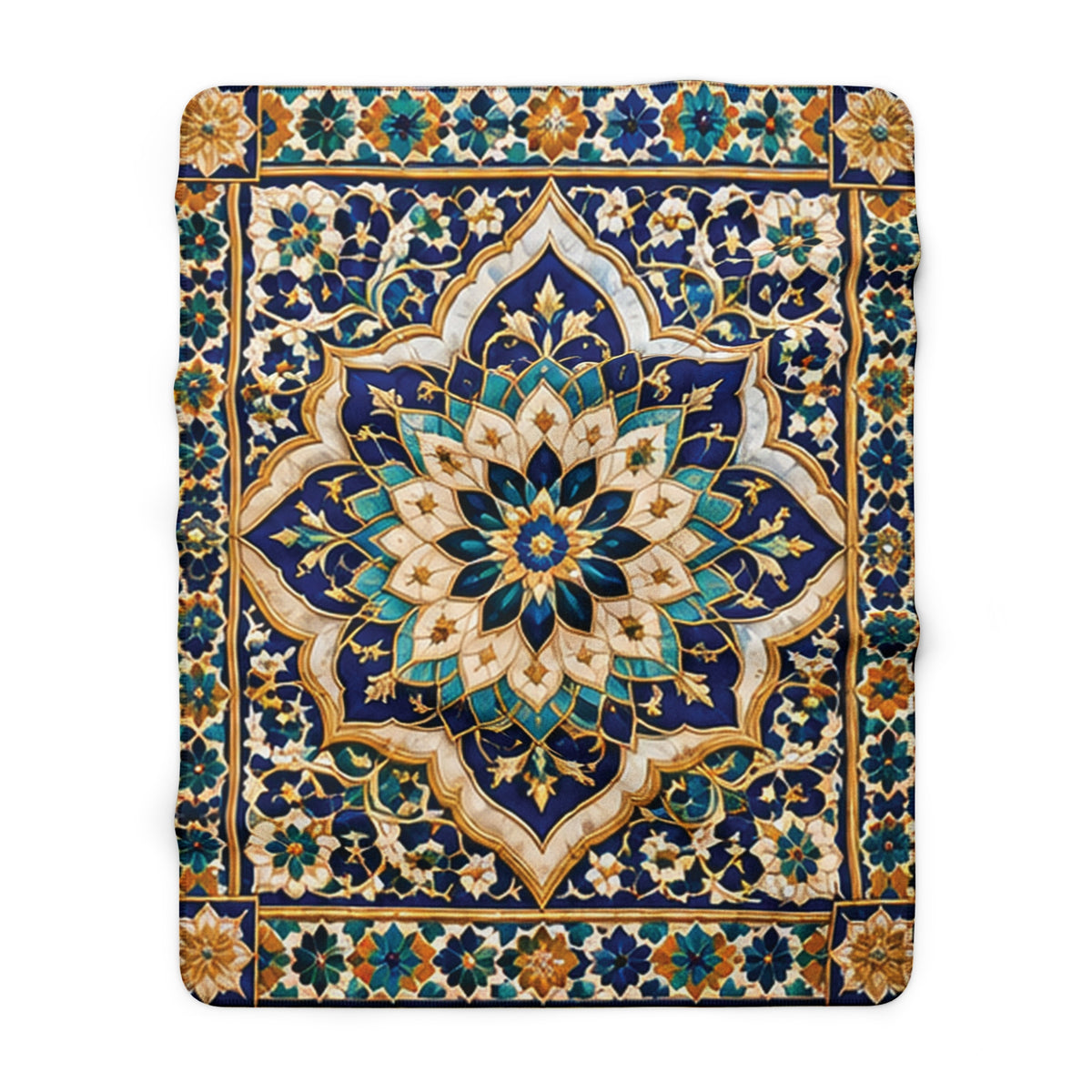 Moroccan Blue Tile Sherpa Blanket — Plush Fleece Throw with Mandala Tile Design