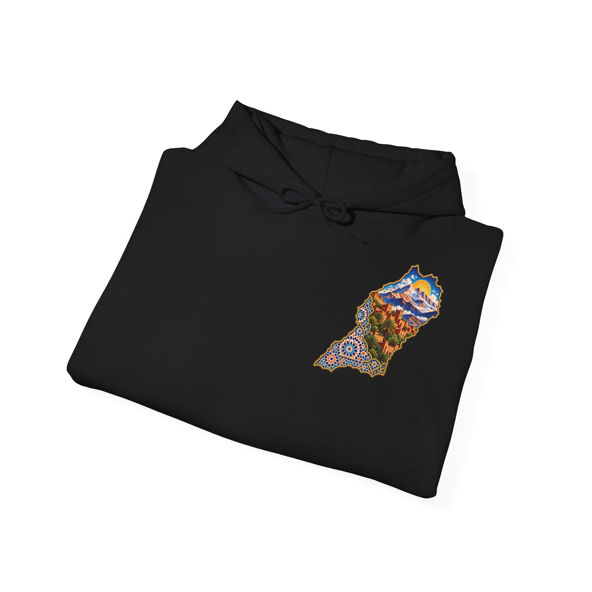 Moroccan Oasis Hoodie — Desert Sunset Tapestry Backprint