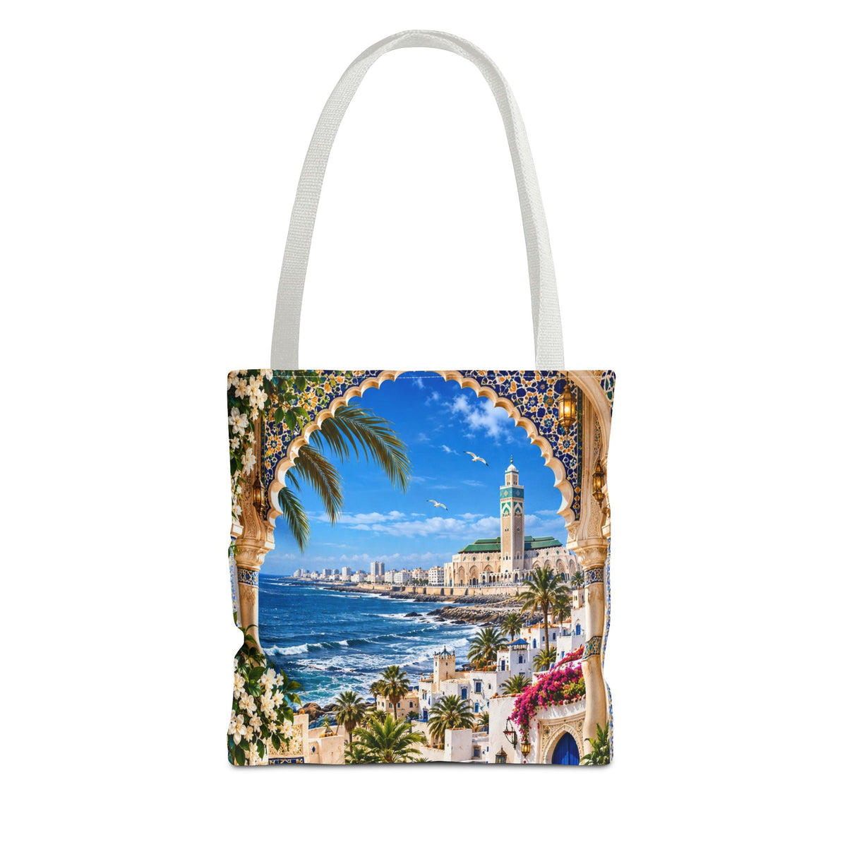 Mediterranean Mosaic Tote Bag — Seaside Moroccan Arch Scenic All-Over Print