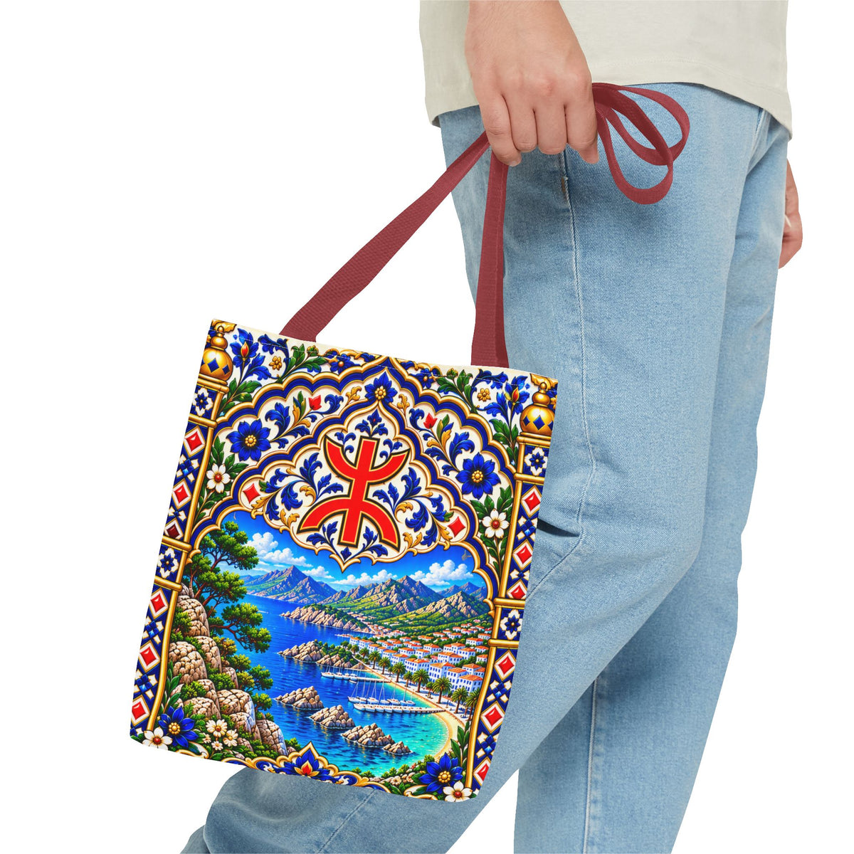 Scenic Armenian Khachkar Tote Bag — Ornate Cross & Mountain Landscape AOP