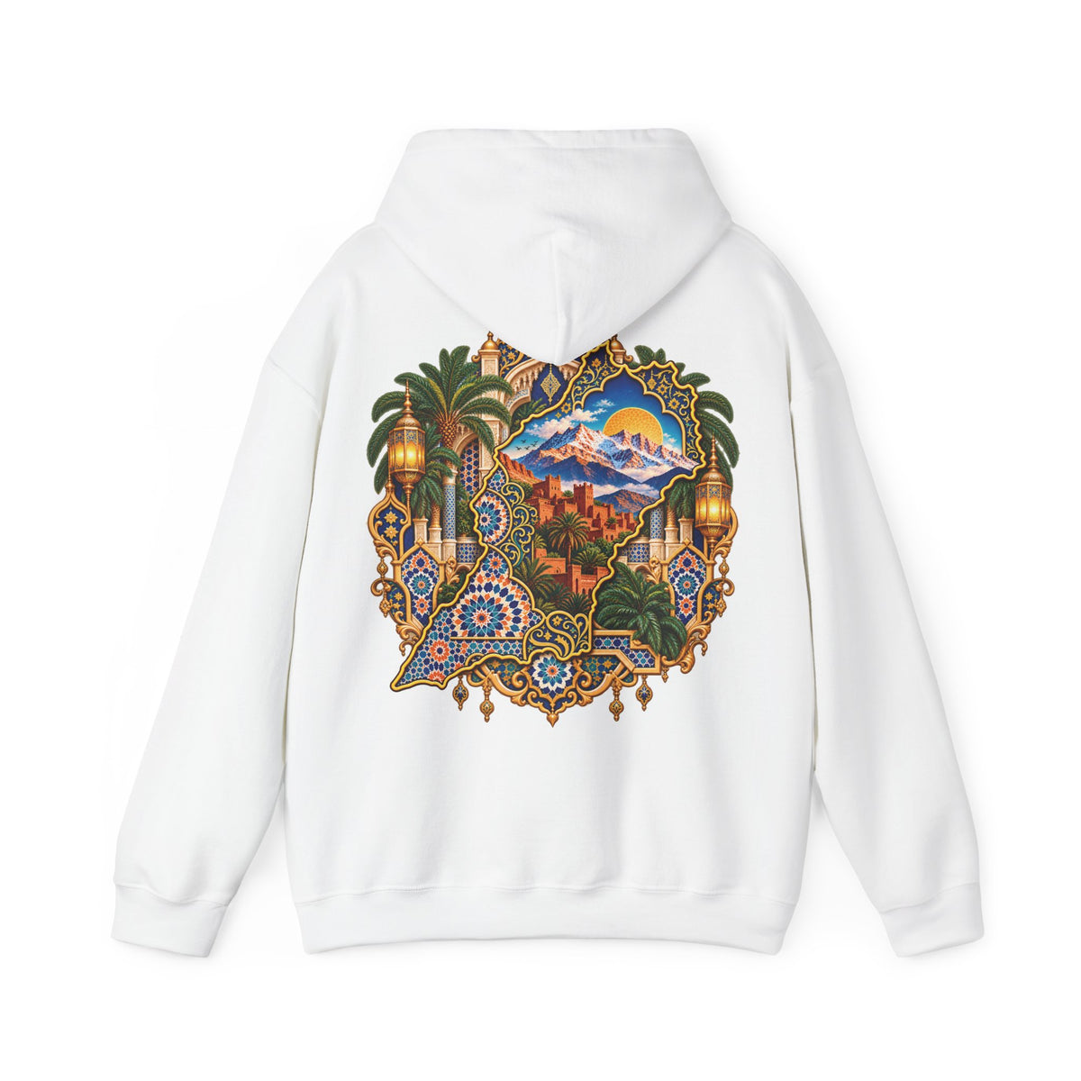 Moroccan Oasis Hoodie — Desert Sunset Tapestry Backprint