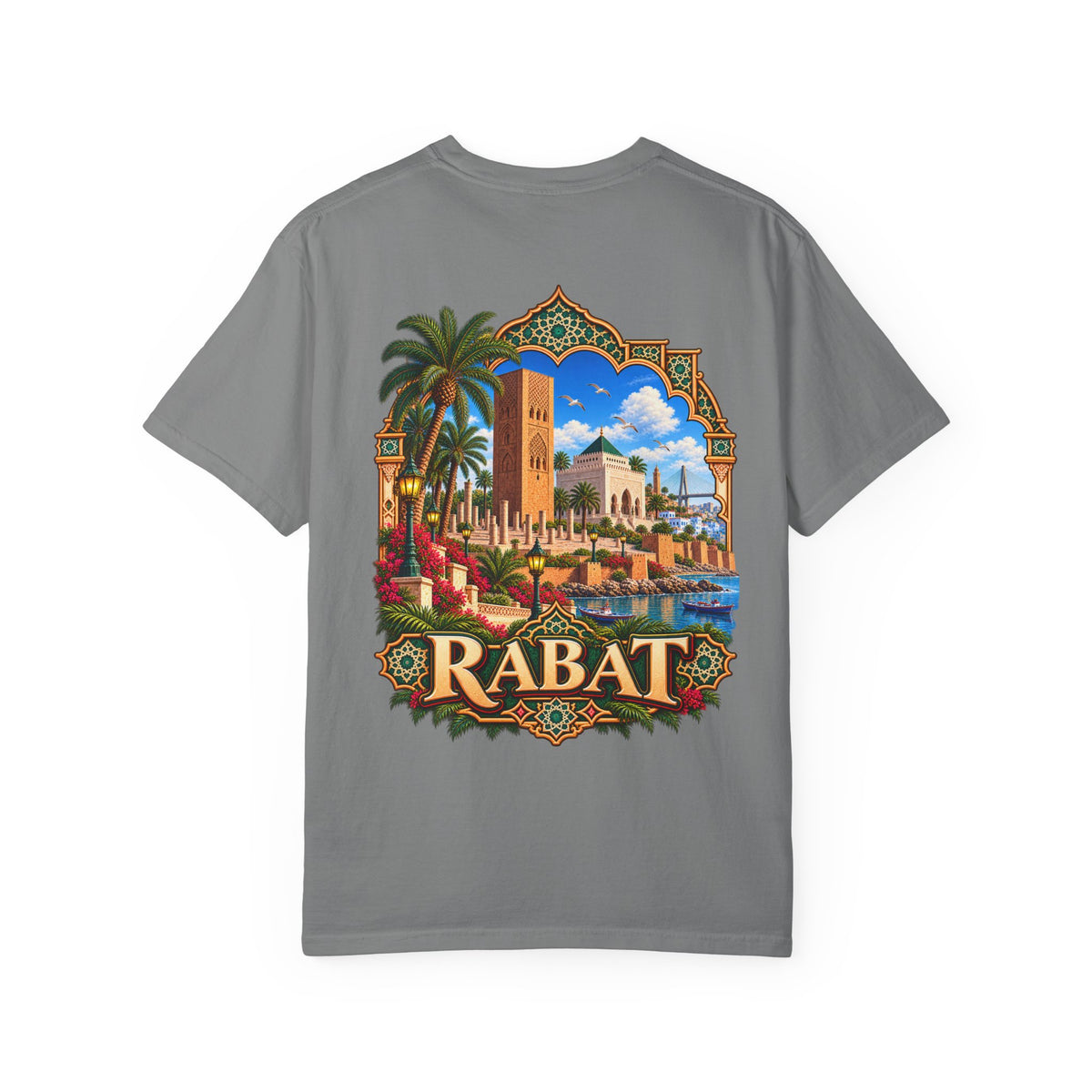 Rabat Cityscape T-Shirt — Moroccan Travel Vintage Palm & Medina Design