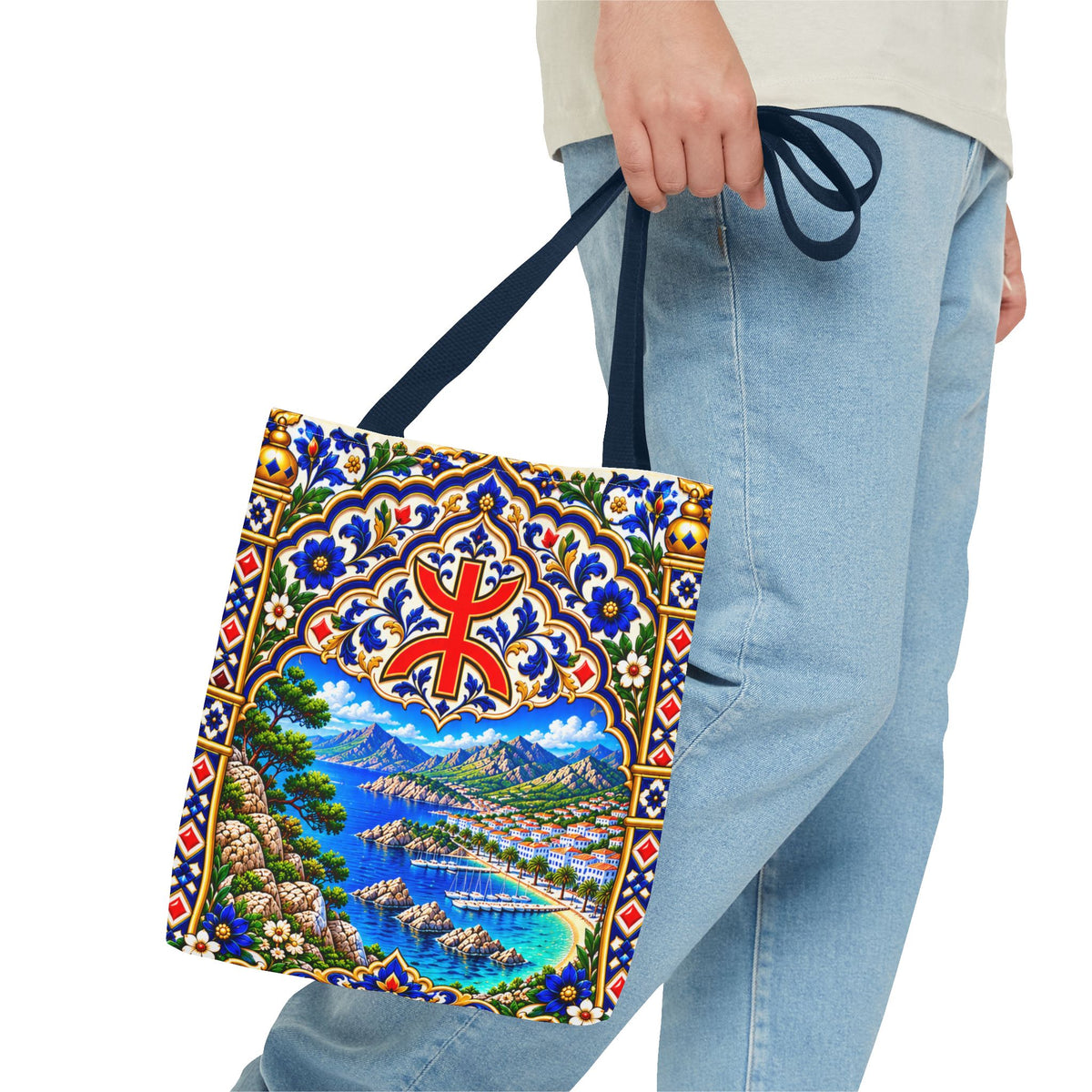 Scenic Armenian Khachkar Tote Bag — Ornate Cross & Mountain Landscape AOP