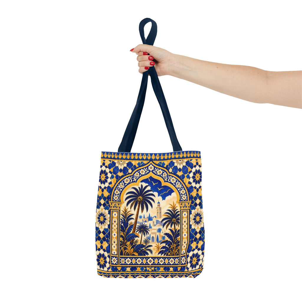 Moroccan Mosaic Tote Bag — Blue Palm Arch Pattern AOP