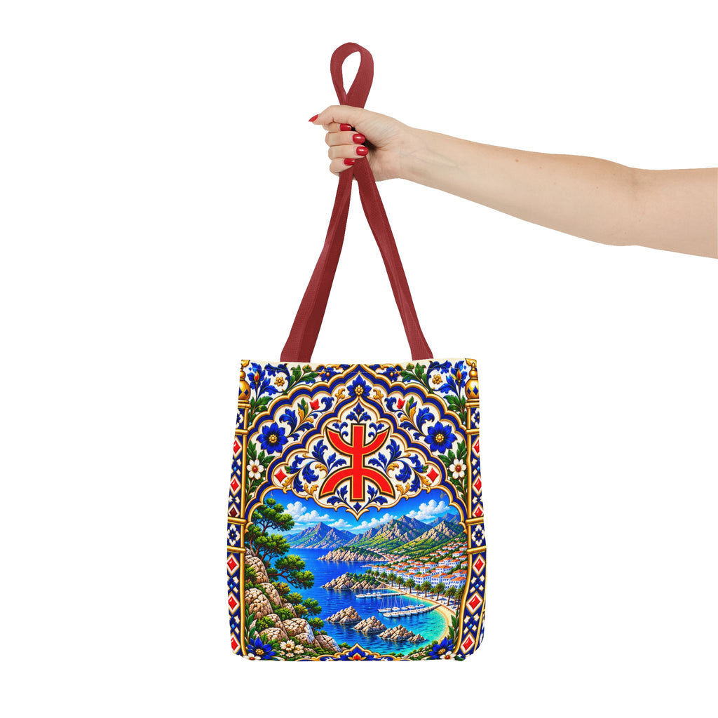 Scenic Armenian Khachkar Tote Bag — Ornate Cross & Mountain Landscape AOP