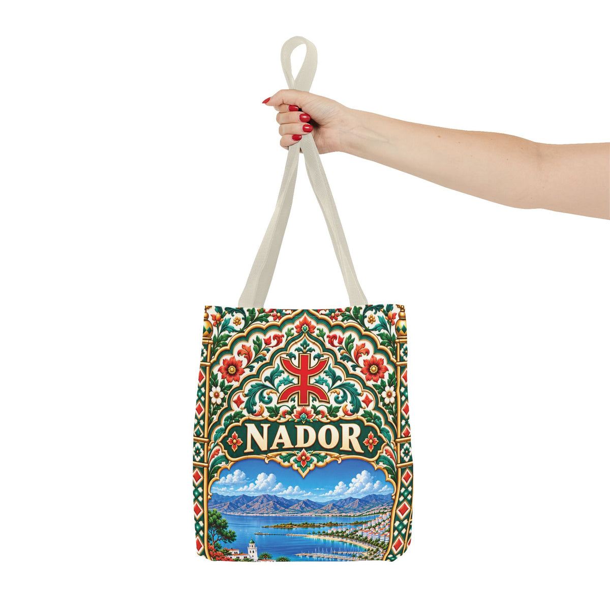 Nador Moroccan Tile Print Tote Bag — Vibrant Mediterranean Beachscape Design