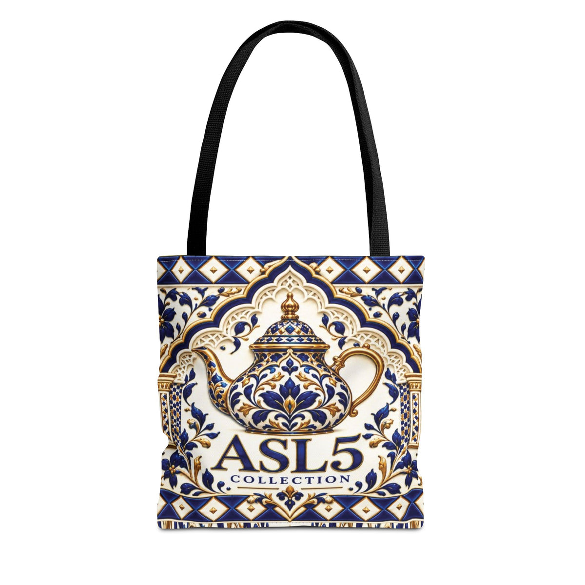 Moroccan Blue Teapot Pattern Tote Bag — Ceramic Tile Inspired Aesthetic Tote