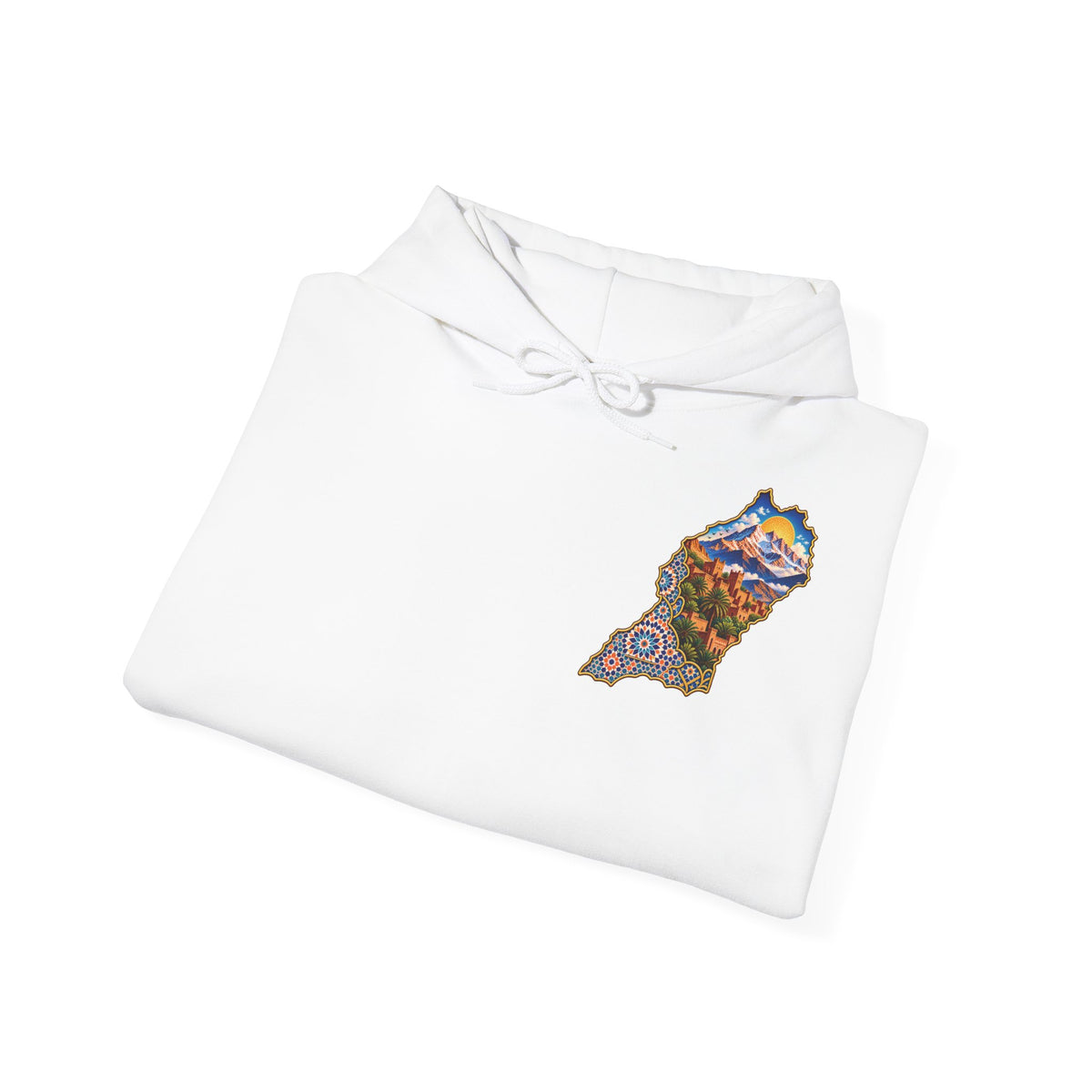 Moroccan Oasis Hoodie — Desert Sunset Tapestry Backprint