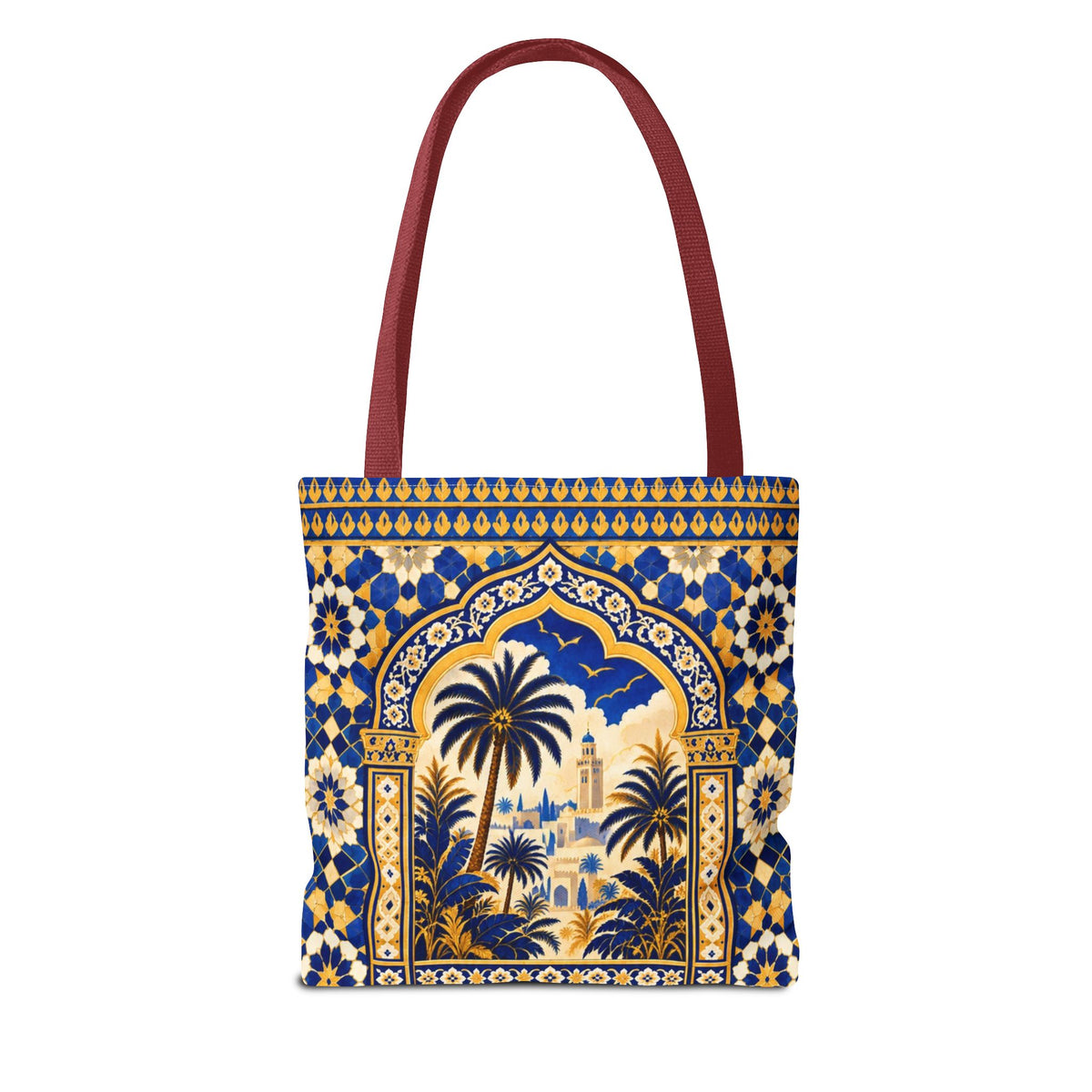 Moroccan Mosaic Tote Bag — Blue Palm Arch Pattern AOP