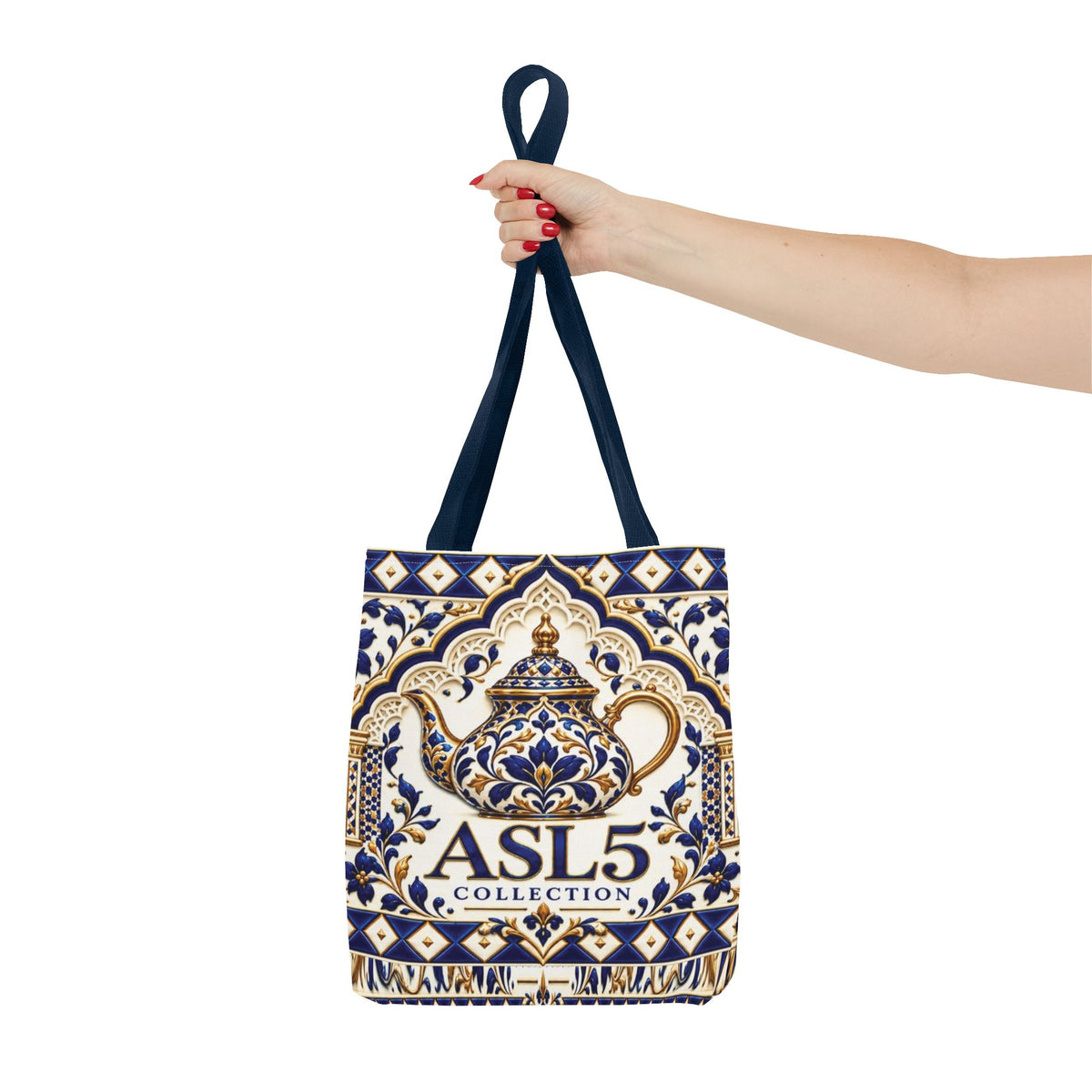 Moroccan Blue Teapot Pattern Tote Bag — Ceramic Tile Inspired Aesthetic Tote