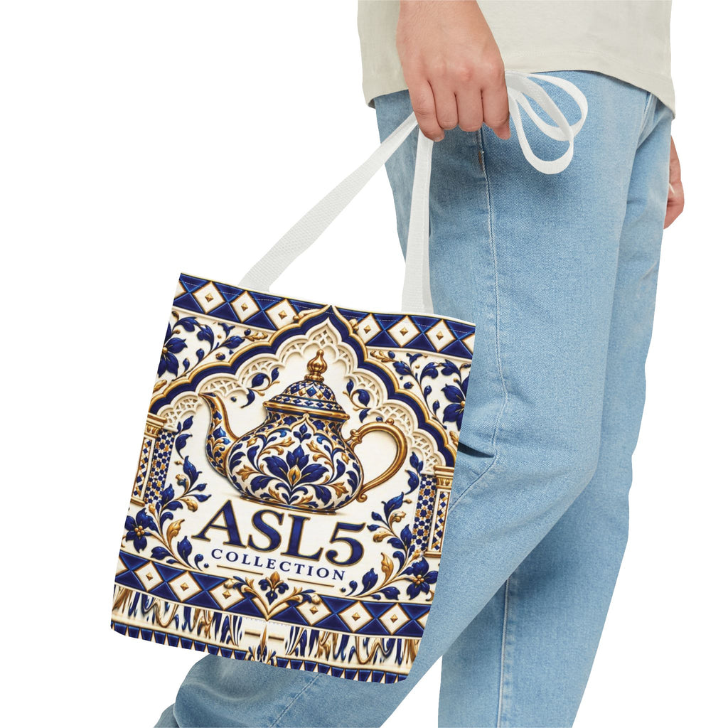 Moroccan Blue Teapot Pattern Tote Bag — Ceramic Tile Inspired Aesthetic Tote
