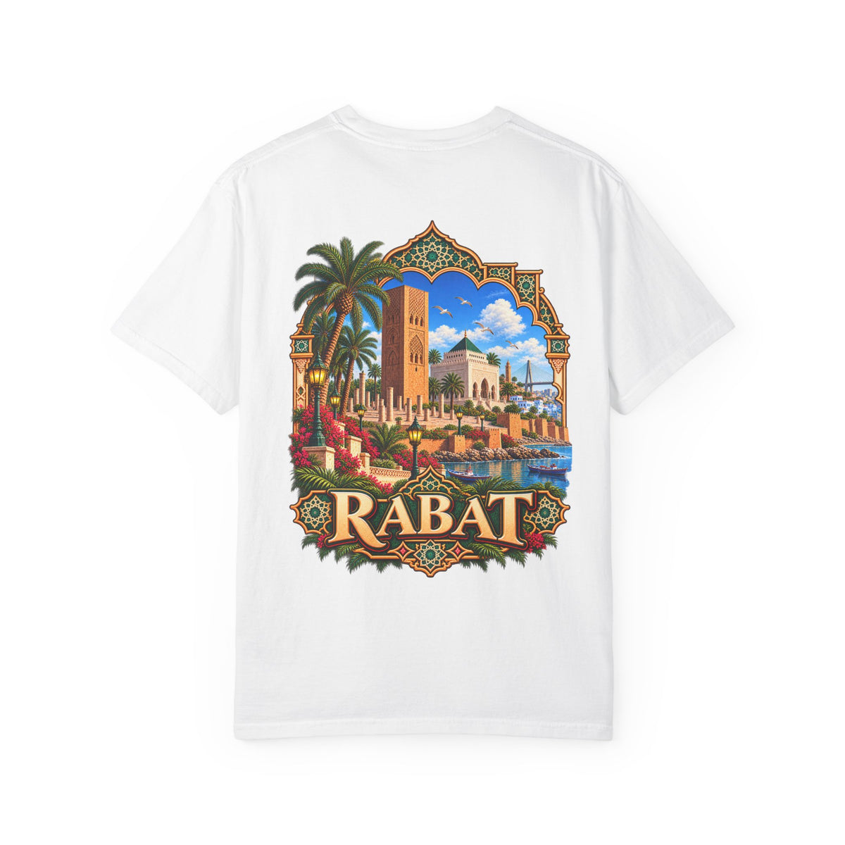 Rabat Cityscape T-Shirt — Moroccan Travel Vintage Palm & Medina Design