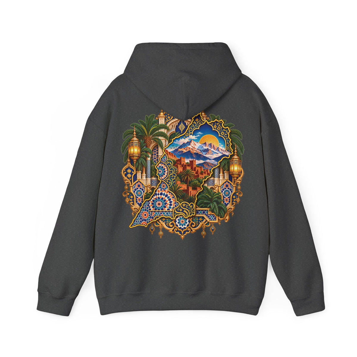 Moroccan Oasis Hoodie — Desert Sunset Tapestry Backprint