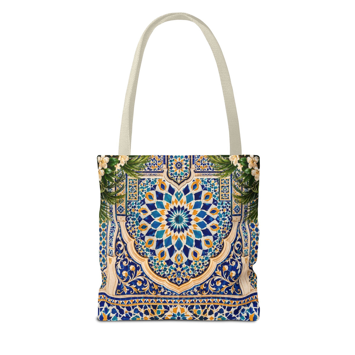 Mediterranean Mosaic Tote Bag — Seaside Moroccan Arch Scenic All-Over Print