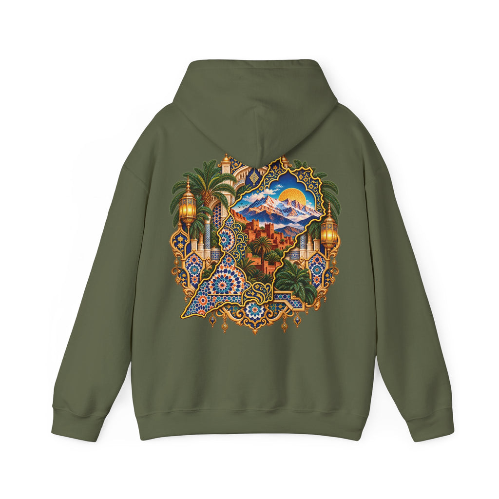 Moroccan Oasis Hoodie — Desert Sunset Tapestry Backprint