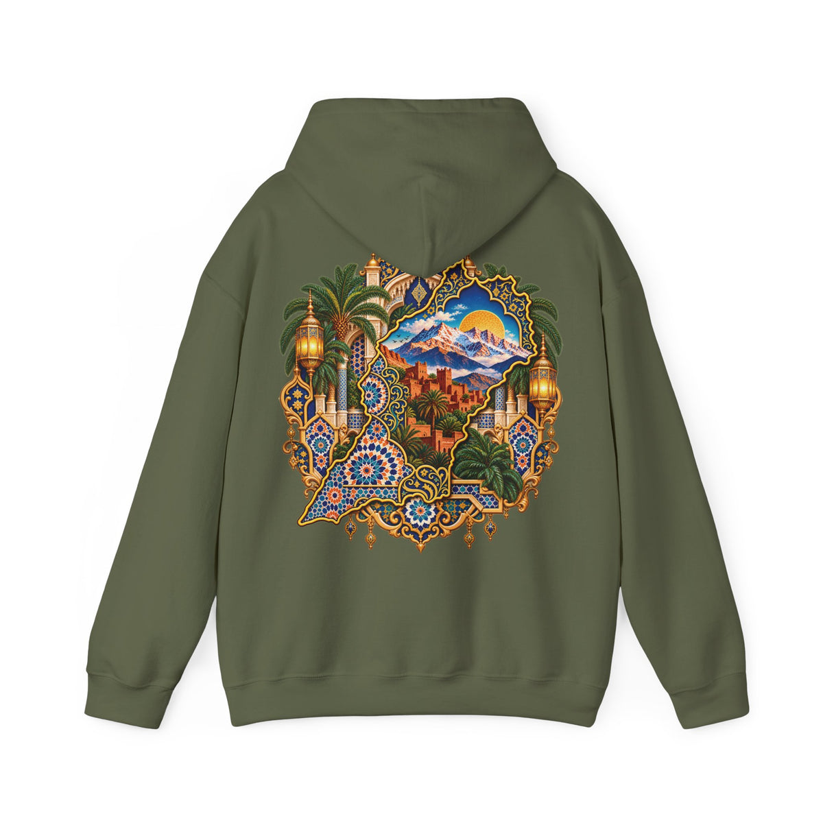Moroccan Oasis Hoodie — Desert Sunset Tapestry Backprint