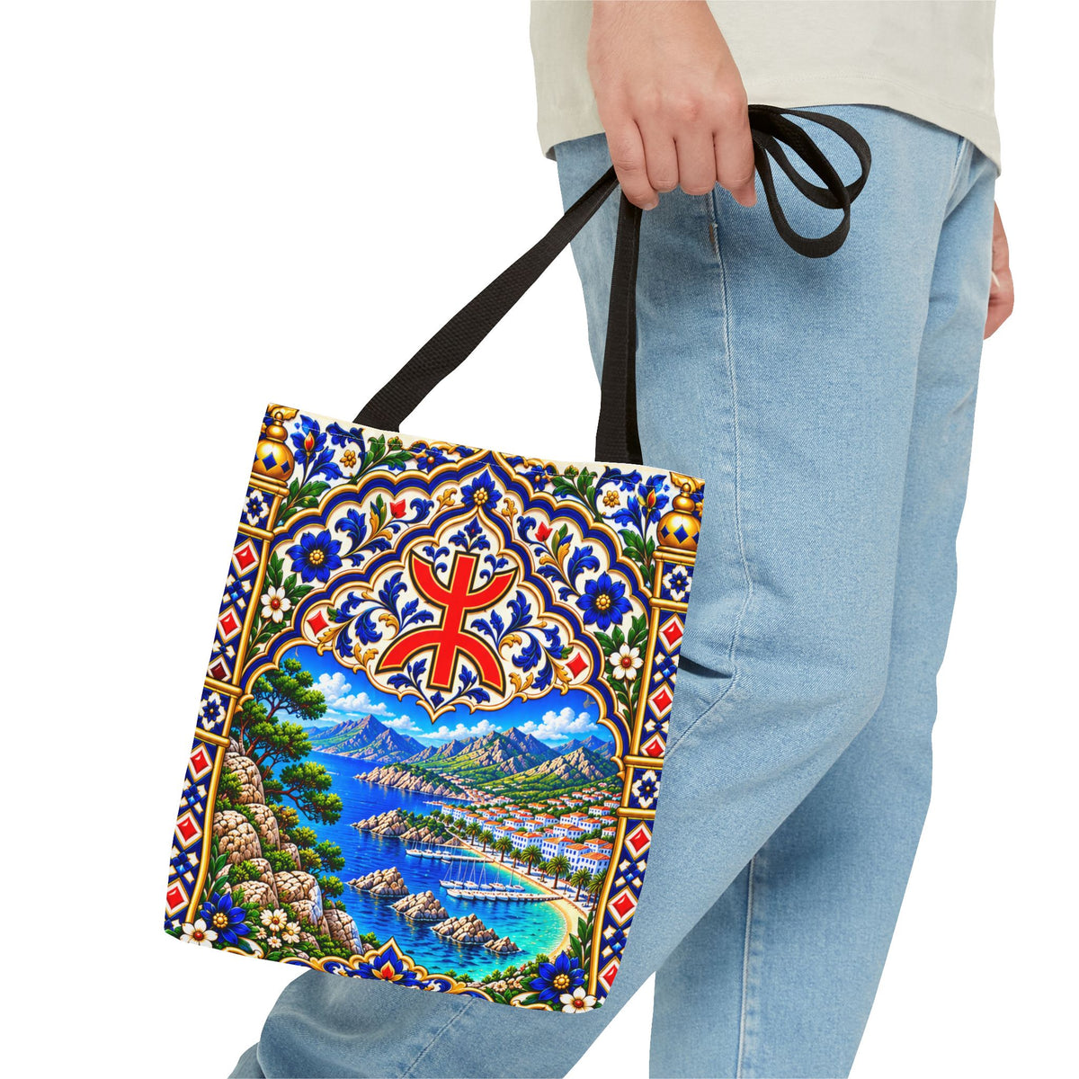 Scenic Armenian Khachkar Tote Bag — Ornate Cross & Mountain Landscape AOP