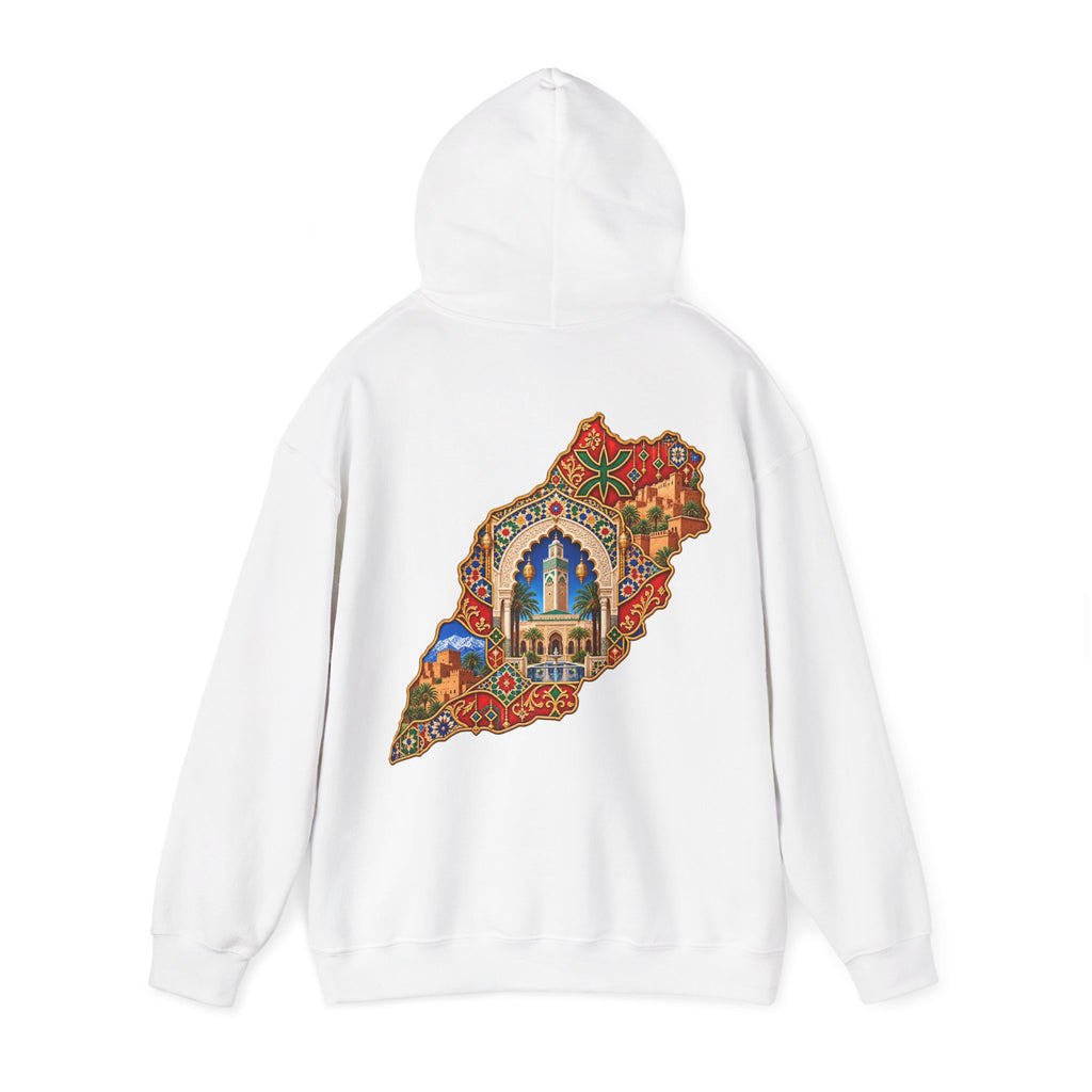 Morocco Map Art Hoodie — Colorful Moroccan Tile & Cityscape Back Print