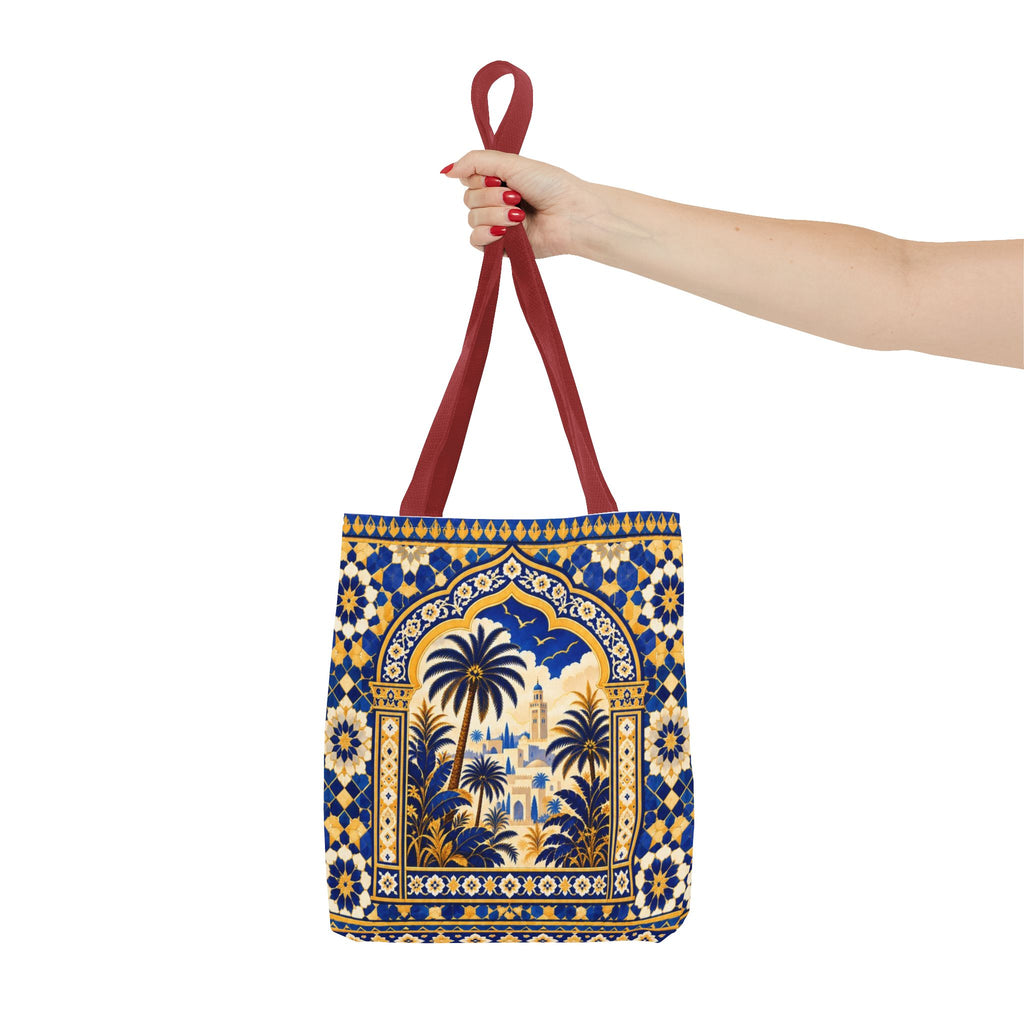 Moroccan Mosaic Tote Bag — Blue Palm Arch Pattern AOP