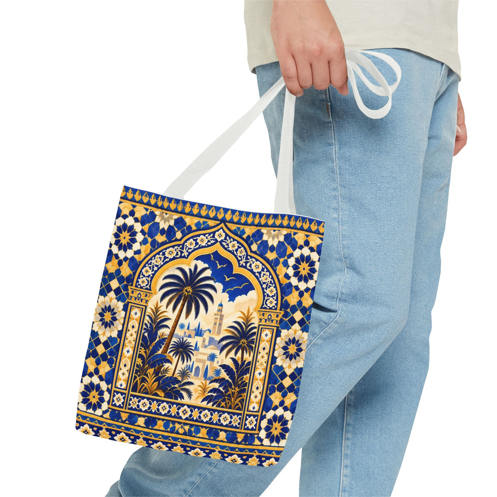 Moroccan Mosaic Tote Bag — Blue Palm Arch Pattern AOP