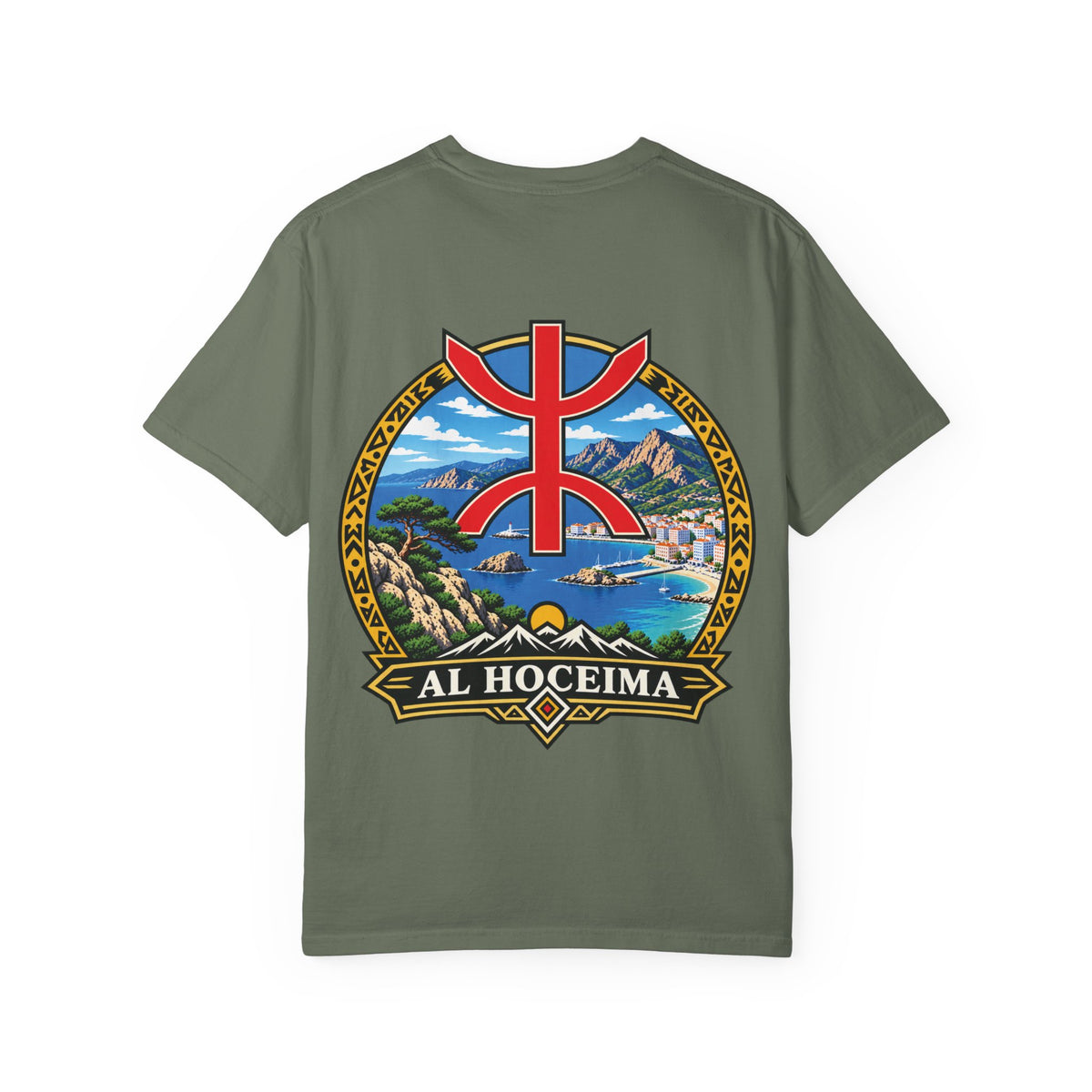 Al Hoceima Scenic T-Shirt — Amazigh Symbol & Coastal Landscape