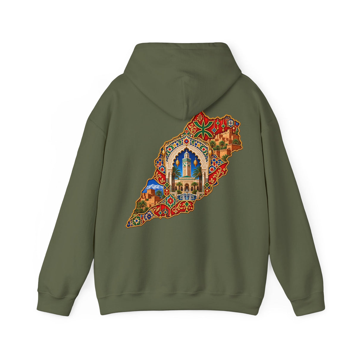 Morocco Map Art Hoodie — Colorful Moroccan Tile & Cityscape Back Print