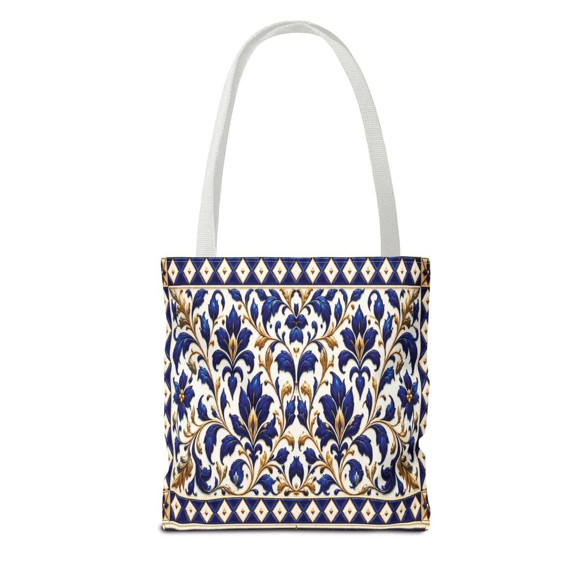 Moroccan Blue Teapot Pattern Tote Bag — Ceramic Tile Inspired Aesthetic Tote