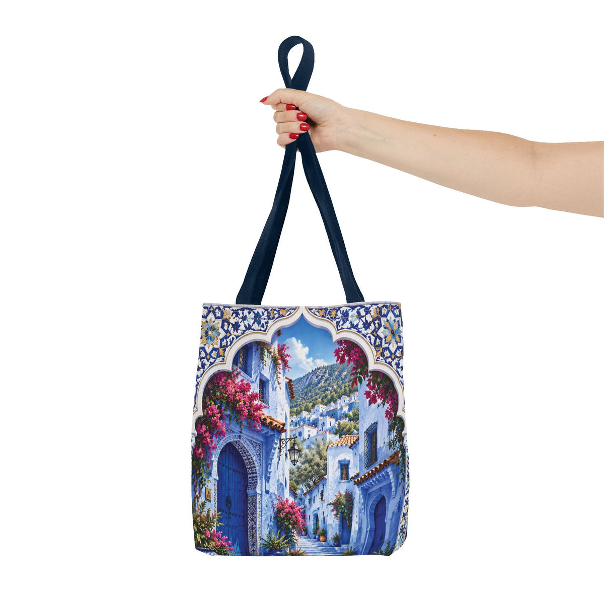 Mediterranean Blue Mosaic Tote Bag — Scenic Coastal Village Print