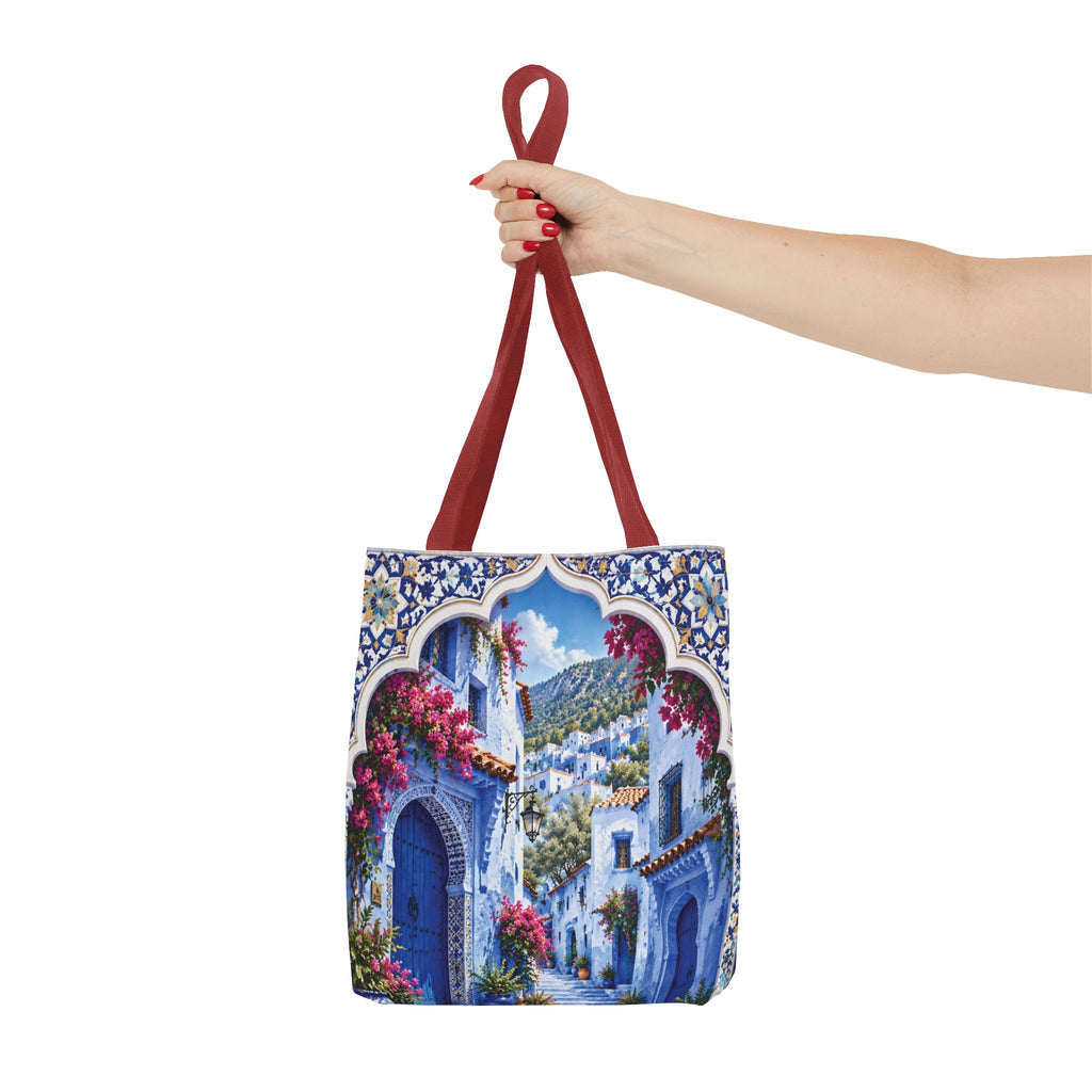 Mediterranean Blue Mosaic Tote Bag — Scenic Coastal Village Print