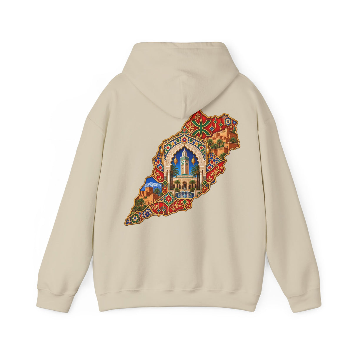Morocco Map Art Hoodie — Colorful Moroccan Tile & Cityscape Back Print
