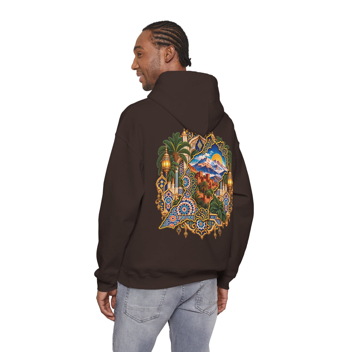 Moroccan Oasis Hoodie — Desert Sunset Tapestry Backprint