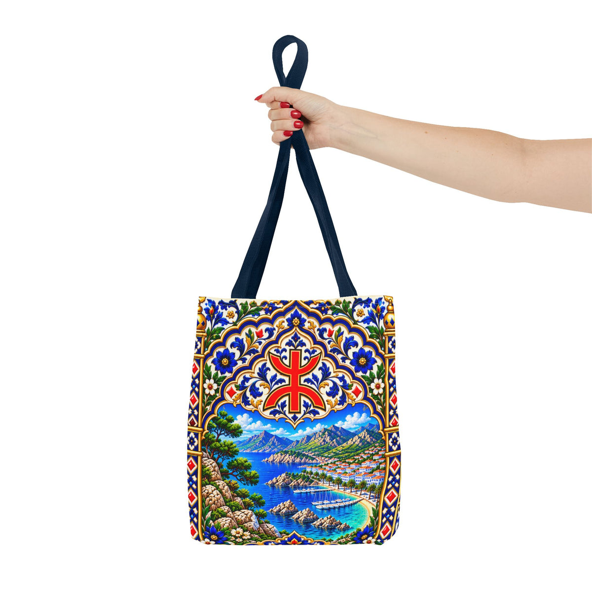 Scenic Armenian Khachkar Tote Bag — Ornate Cross & Mountain Landscape AOP