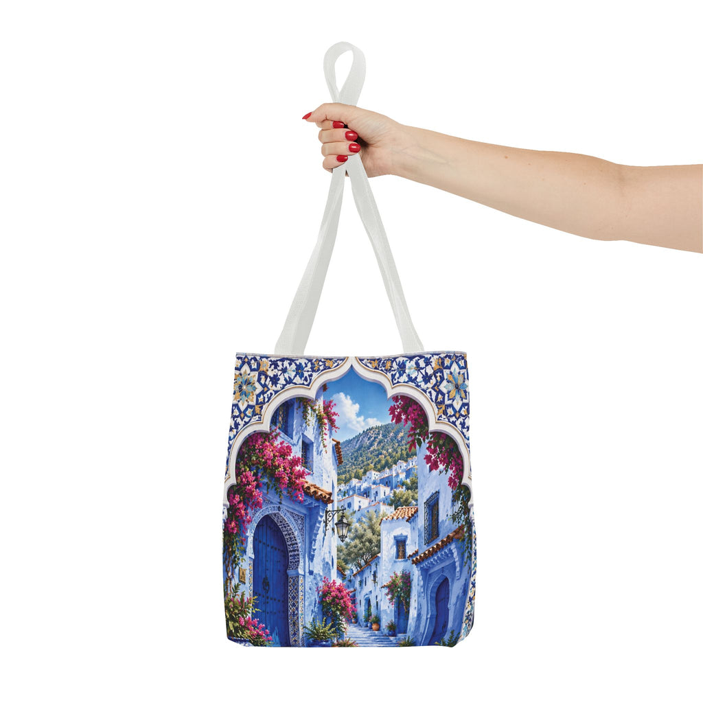 Mediterranean Blue Mosaic Tote Bag — Scenic Coastal Village Print