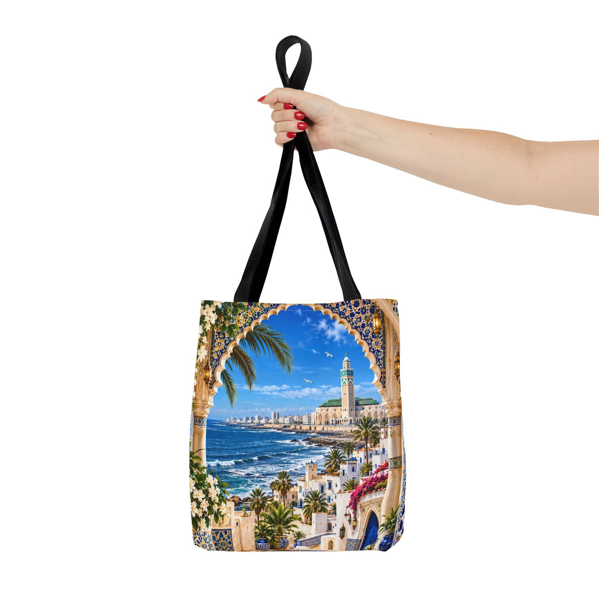 Mediterranean Mosaic Tote Bag — Seaside Moroccan Arch Scenic All-Over Print