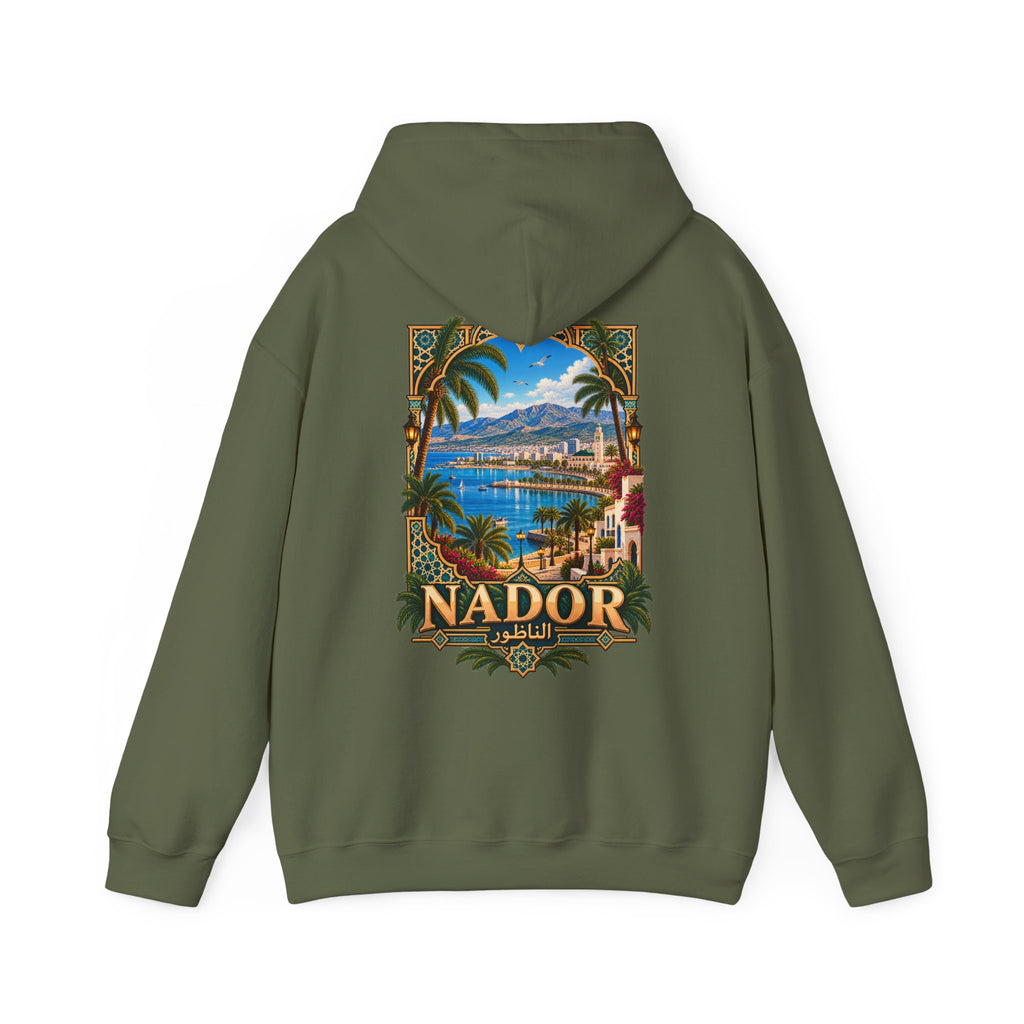 Nador Vintage Travel Hoodie — Scenic Moroccan Beach Poster Sweatshirt