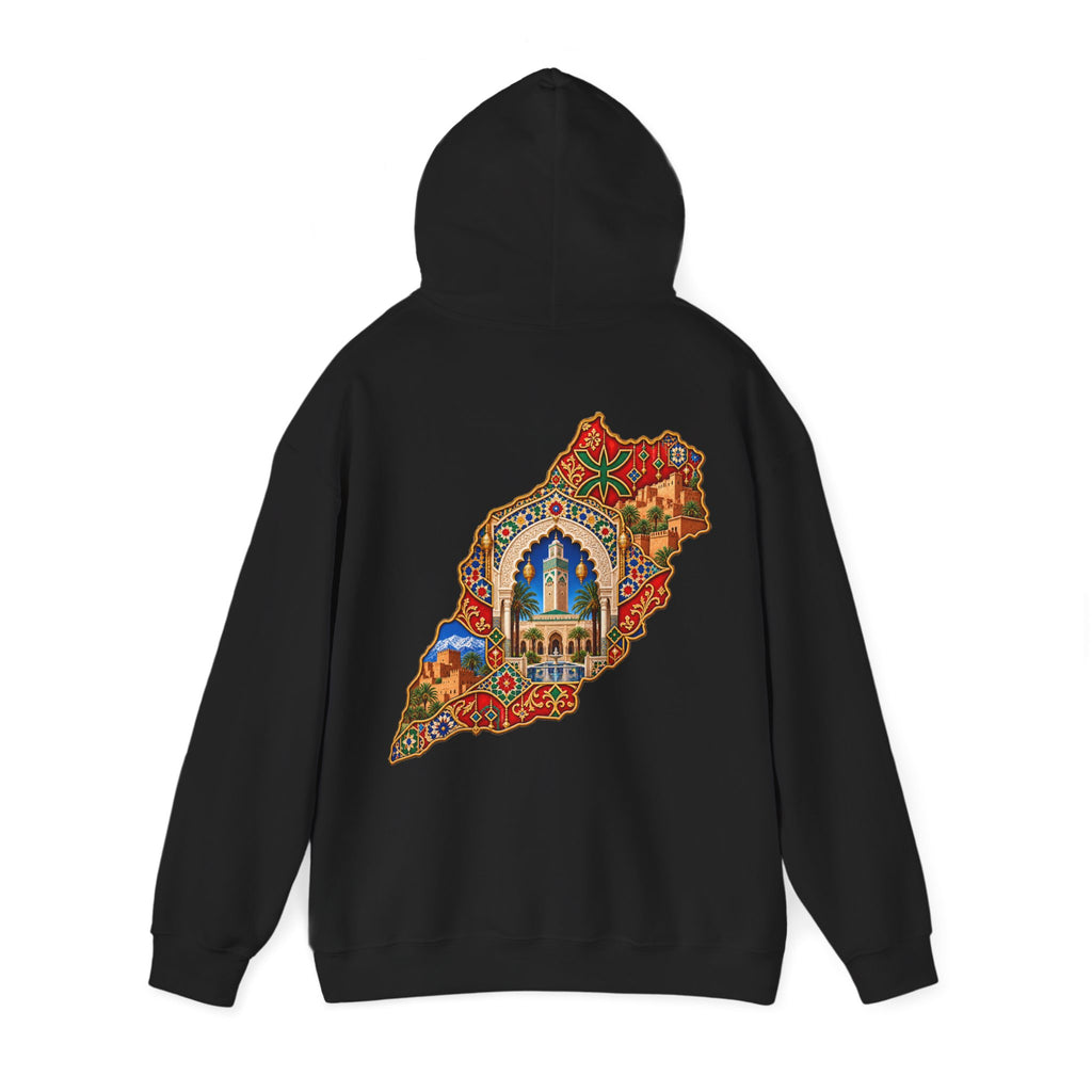 Morocco Map Art Hoodie — Colorful Moroccan Tile & Cityscape Back Print
