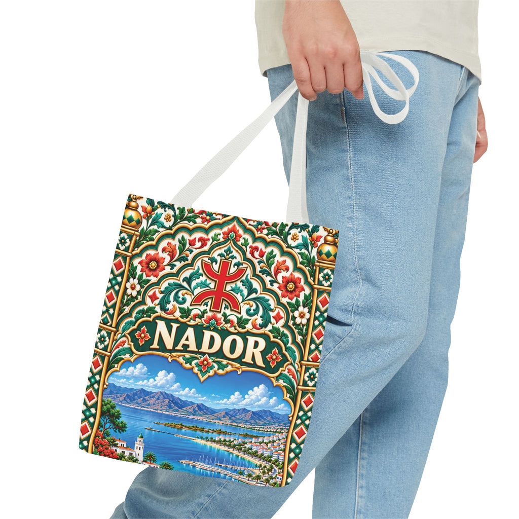 Nador Moroccan Tile Print Tote Bag — Vibrant Mediterranean Beachscape Design