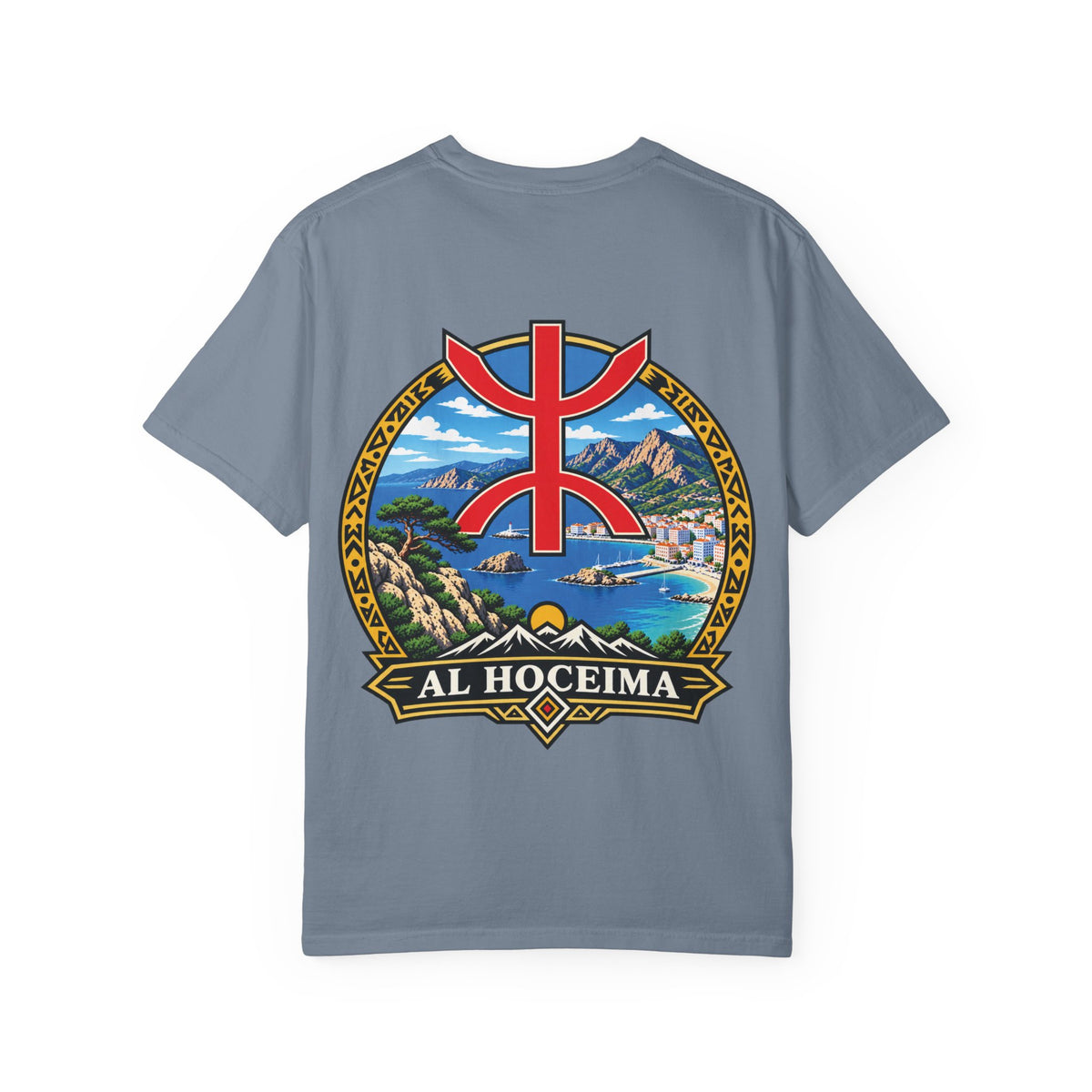 Al Hoceima Scenic T-Shirt — Amazigh Symbol & Coastal Landscape
