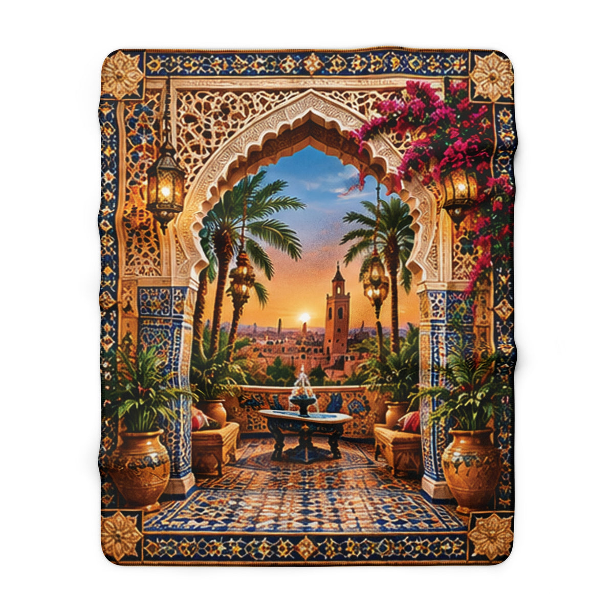 Moroccan Sunset Sherpa Blanket — Plush Fleece Throw with Archway Tile Design