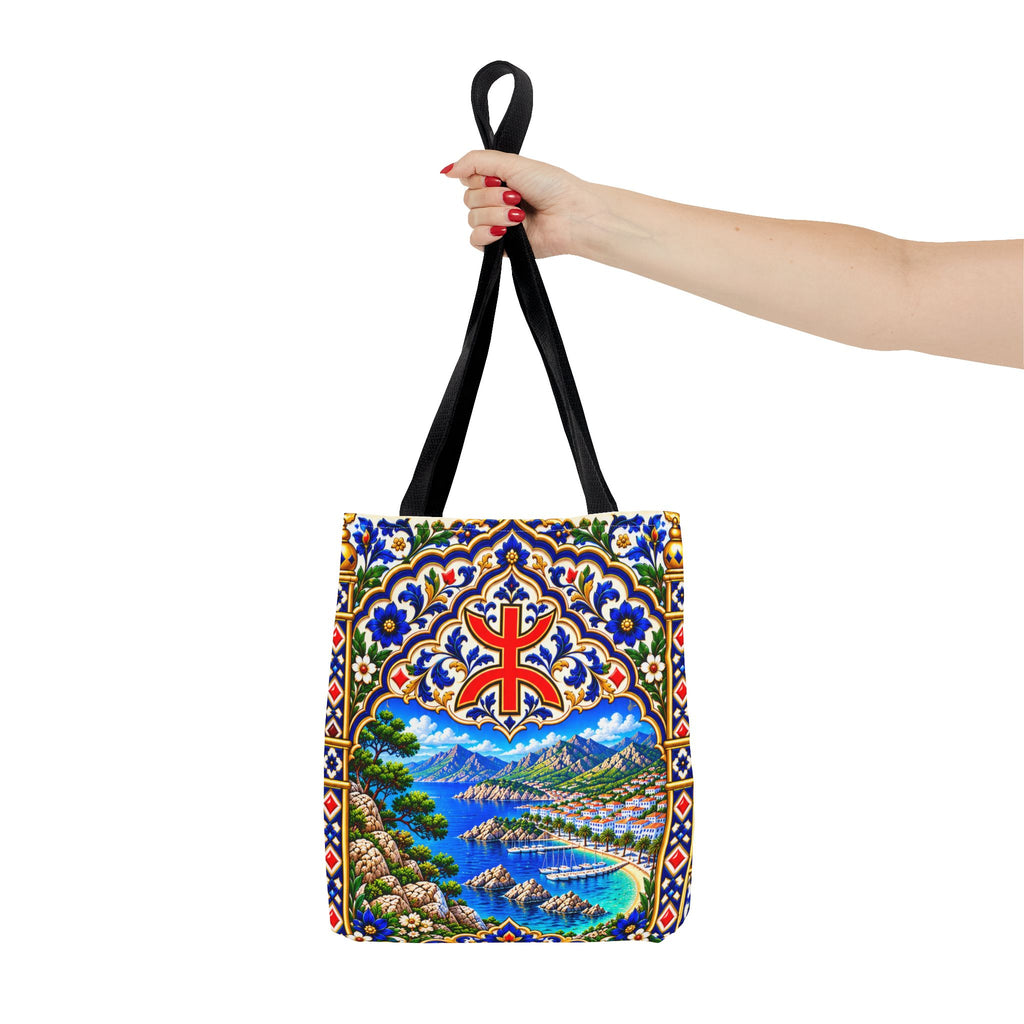Scenic Armenian Khachkar Tote Bag — Ornate Cross & Mountain Landscape AOP
