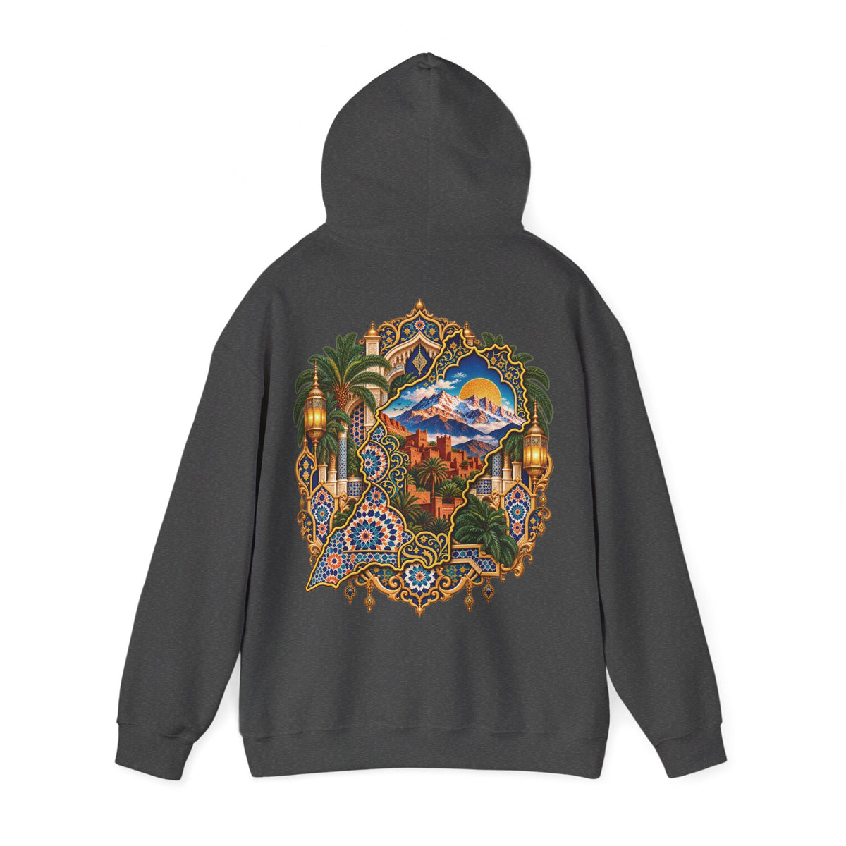 Moroccan Oasis Hoodie — Desert Sunset Tapestry Backprint
