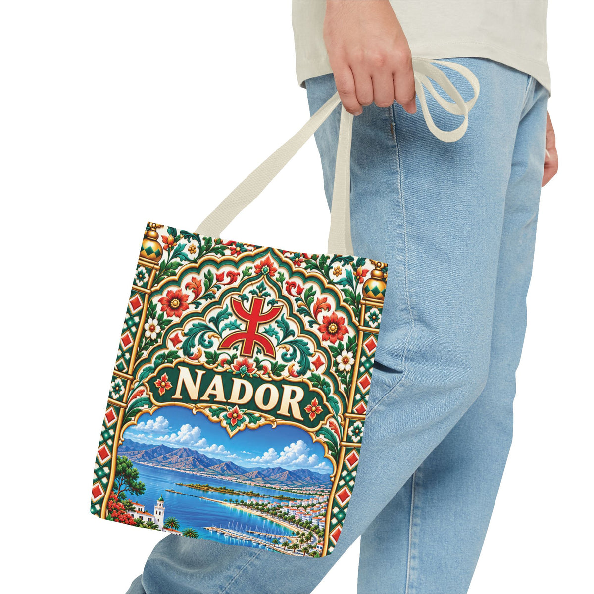 Nador Moroccan Tile Print Tote Bag — Vibrant Mediterranean Beachscape Design