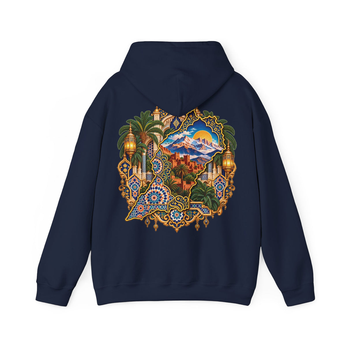 Moroccan Oasis Hoodie — Desert Sunset Tapestry Backprint