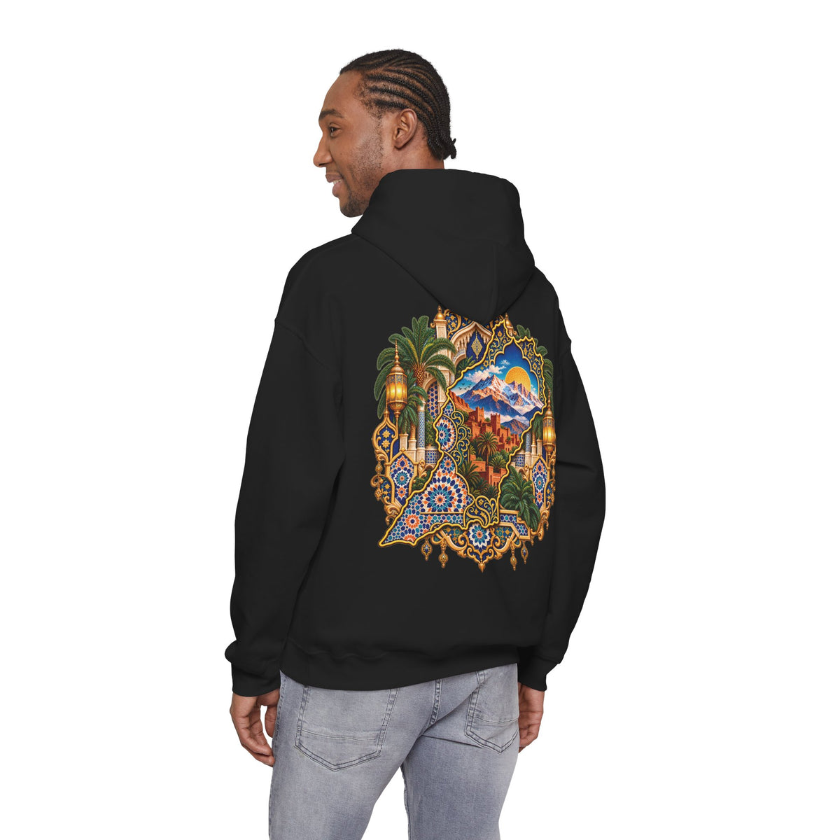 Moroccan Oasis Hoodie — Desert Sunset Tapestry Backprint
