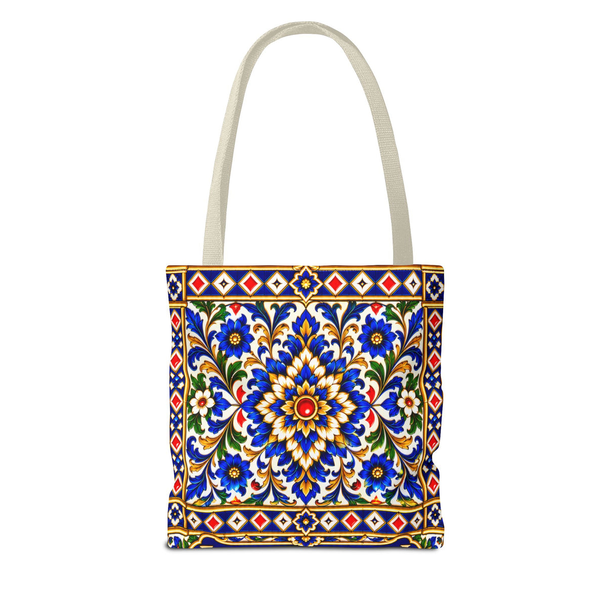 Scenic Armenian Khachkar Tote Bag — Ornate Cross & Mountain Landscape AOP